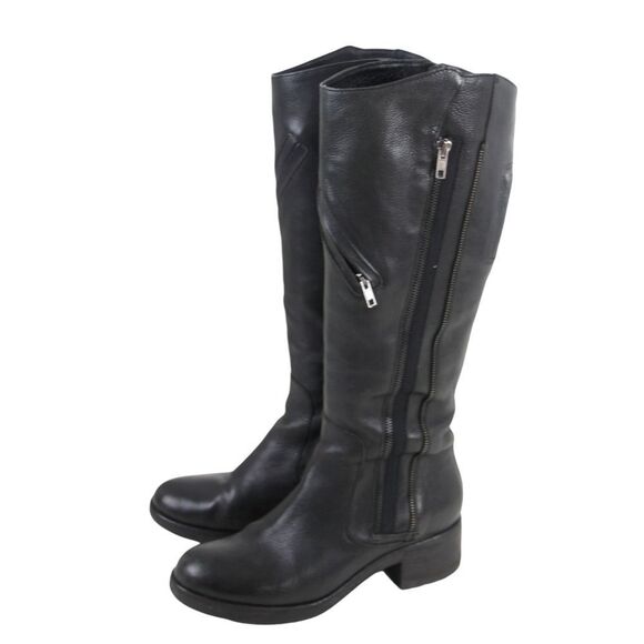 Vera Wang BLACK GENUINE LEATHER TALL MID HEEL RIDING BOOTS MOTO SHOES SIZE 8M - Picture 3 of 11